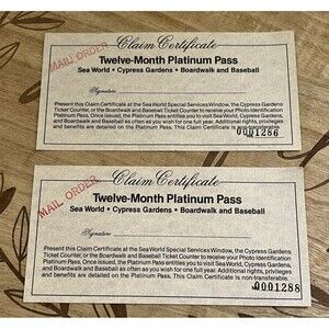 Sea World Cypress Gardens Boardwalk  & Baseball 12 Month Platinum Pass Vtg Lot
